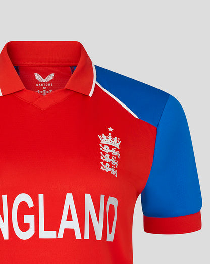 Red and blue sports jersey with 'England' text and logo on a gray background