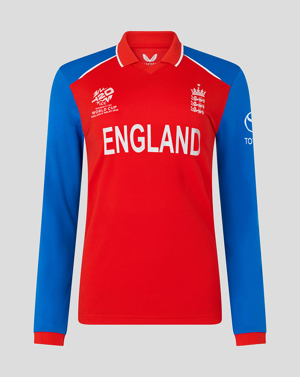 England 26/27 T20 World Cup replica long sleeve shirt with red torso blue sleeves and crest