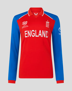 England 26/27 T20 World Cup replica long sleeve shirt with red torso blue sleeves and crest