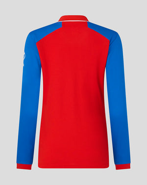 Back view of England women's 26/27 T20 WWC replica long sleeve shirt in red body and blue sleeves