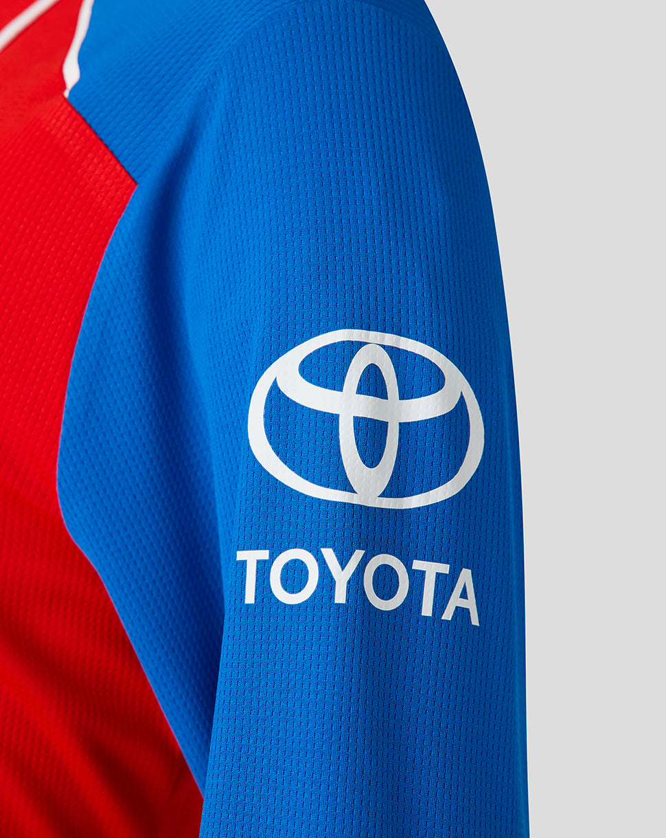 Blue sleeve close-up of England women's 26/27 T20 WWC replica shirt showing Toyota sponsor logo