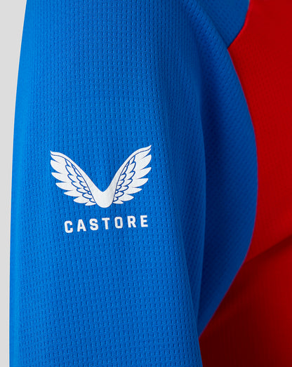 Close-up of blue sleeve with Castore wing logo and white lettering on England women's T20 WWC replica shirt