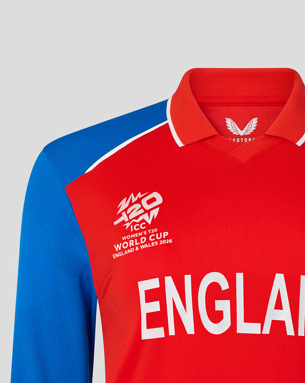 England women's T20 World Cup replica long sleeve shirt in red with blue sleeves and ENGLAND branding on the front