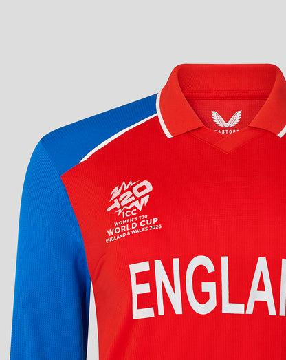 England women's T20 World Cup replica long sleeve shirt in red with blue sleeves and ENGLAND branding on the front