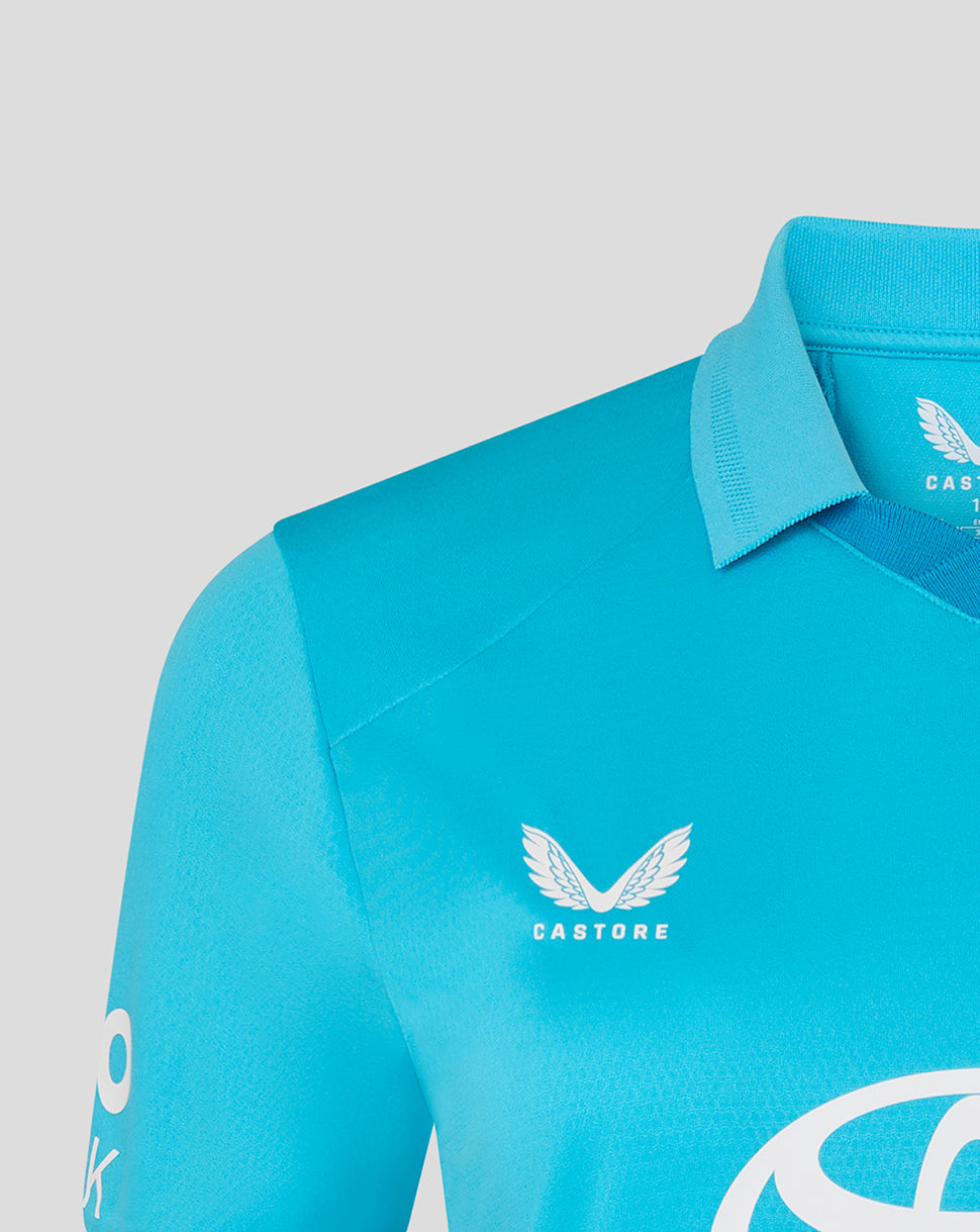 Blue sports jersey with visible branding on a gray background