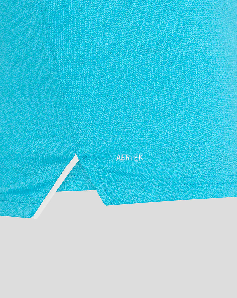 Close-up of a blue fabric with 'AERTEK' branding on a white background