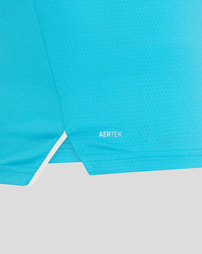 Close-up of a blue fabric with 'AERTEK' branding on a white background