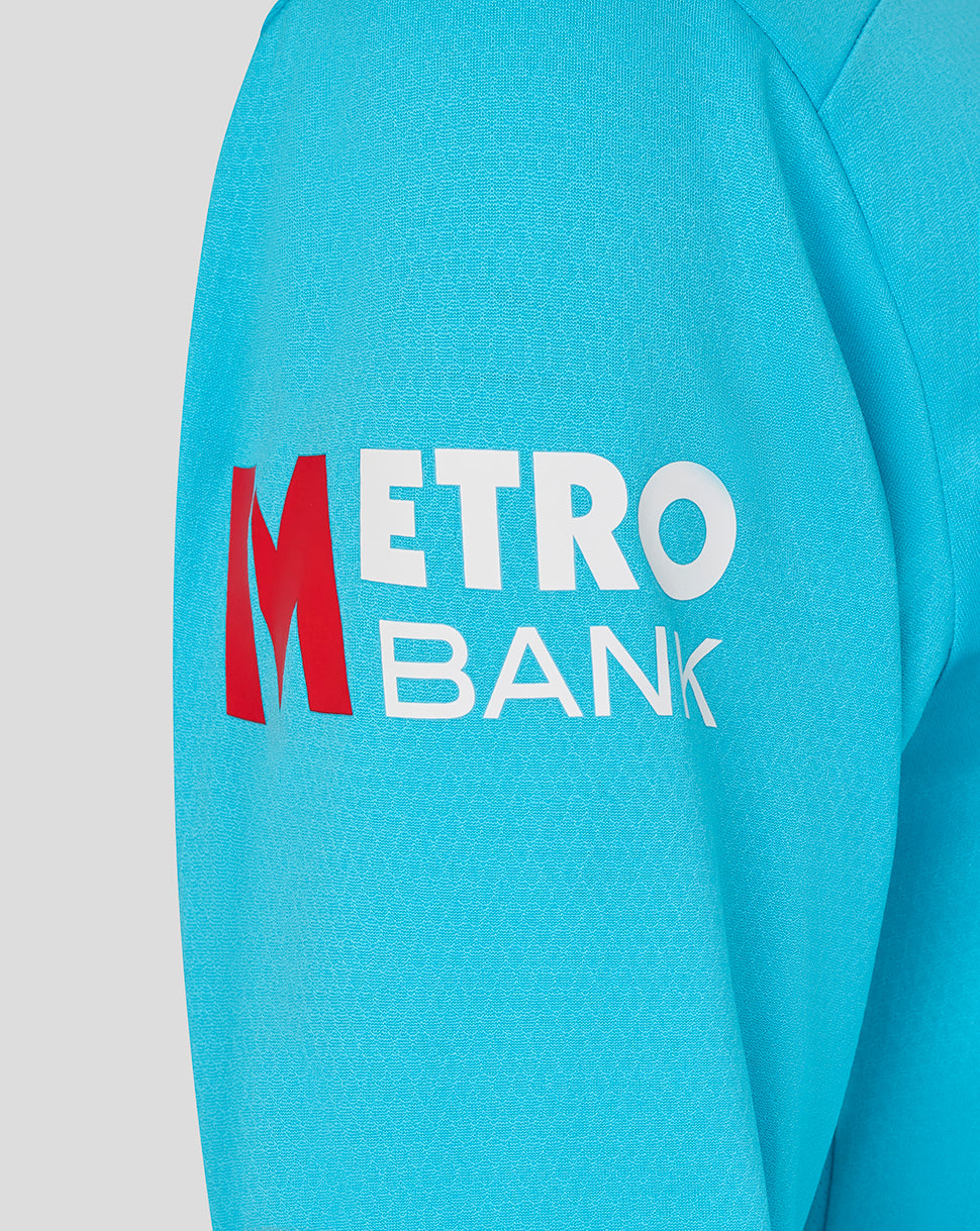 Close-up of a blue jacket with 'Metro Bank' logo on a light gray background