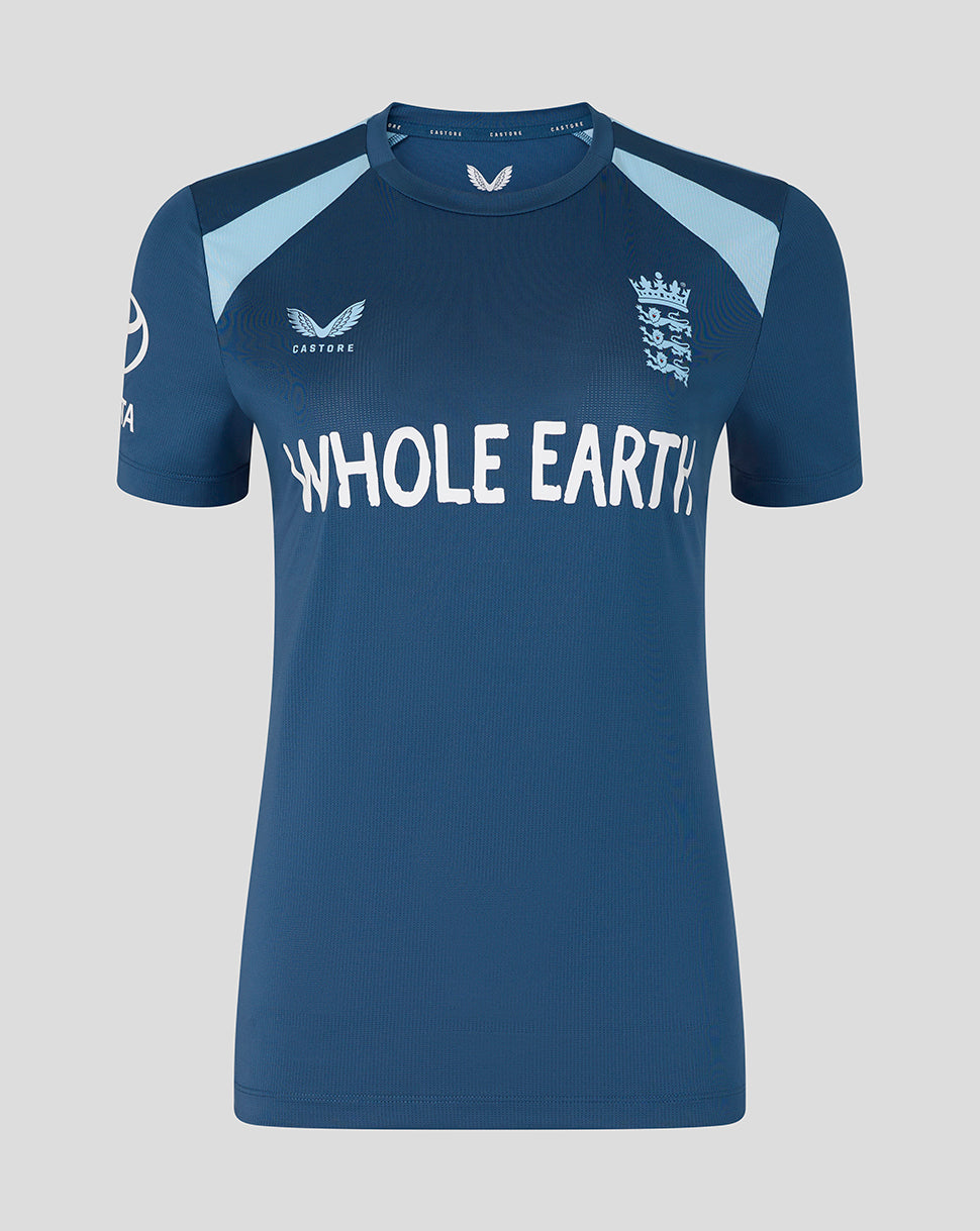 Blue sports jersey with 'Whole Earth' branding on a gray background