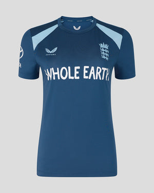 Blue sports jersey with 'Whole Earth' branding on a gray background