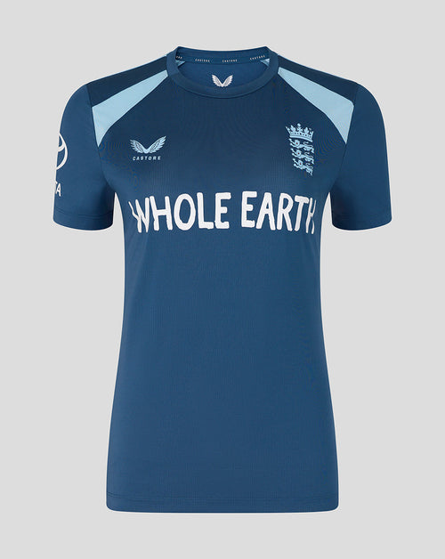 Blue sports jersey with 'Whole Earth' branding on a gray background