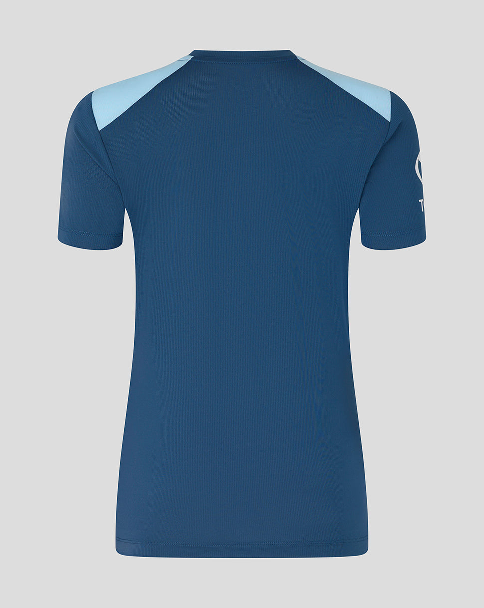Blue sports jersey with light blue sleeves on a gray background