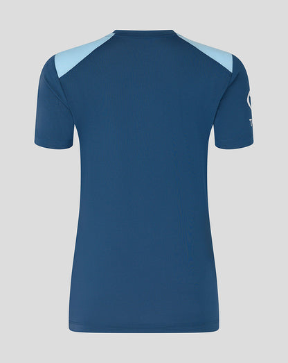 Blue sports jersey with light blue sleeves on a gray background