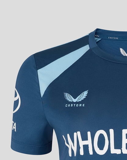 Blue cricket jersey with 'Castore' branding on a gray background