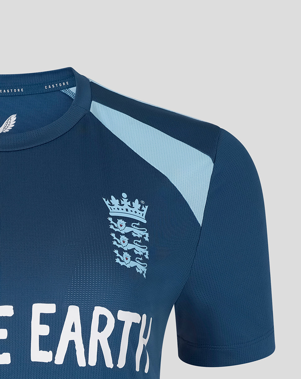 Blue sports jersey with a logo and text on a gray background