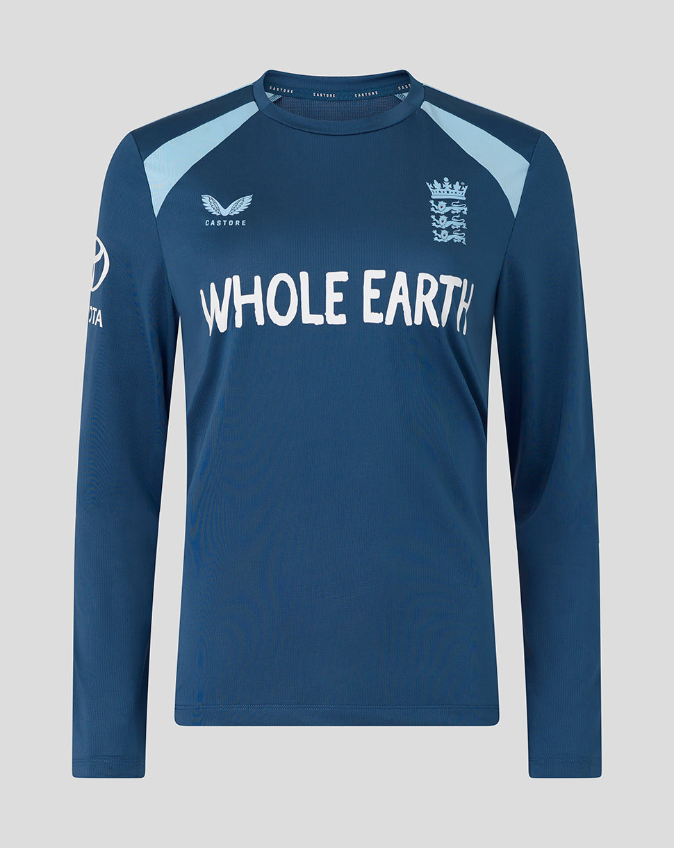 Blue long-sleeve shirt with 'Whole Earth' text and cricket logo on a gray background