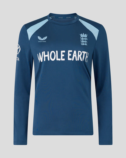 Blue long-sleeve shirt with 'Whole Earth' text and cricket logo on a gray background