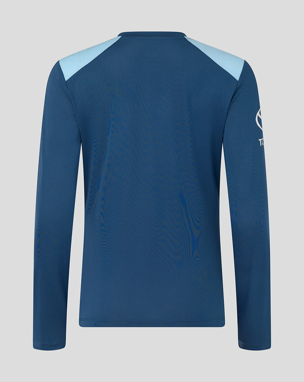 Blue long-sleeve shirt with light blue accents on a gray background