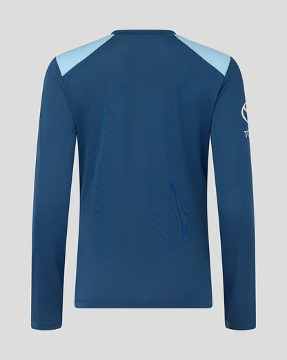 Blue long-sleeve shirt with light blue accents on a gray background