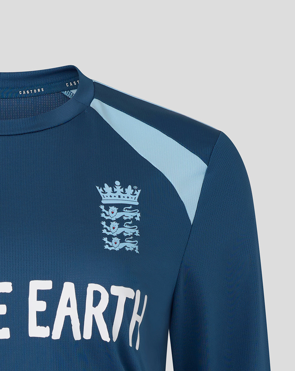 Blue sports jersey with a logo and 'ONE EARTH' text on a gray background