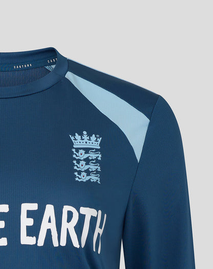 Blue sports jersey with a logo and 'ONE EARTH' text on a gray background