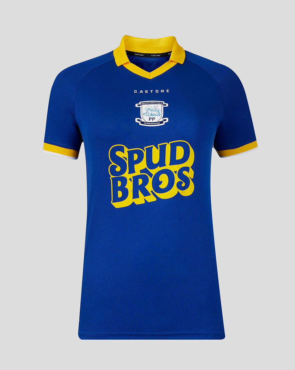 Blue sports jersey with yellow accents and 'Spud Bros' text on a gray background
