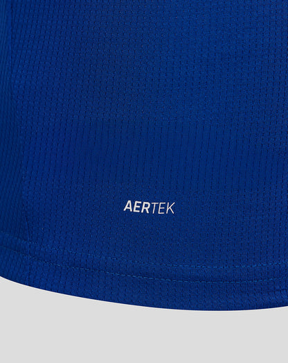 Close-up of a blue garment with 'AERTEK' branding on a white background