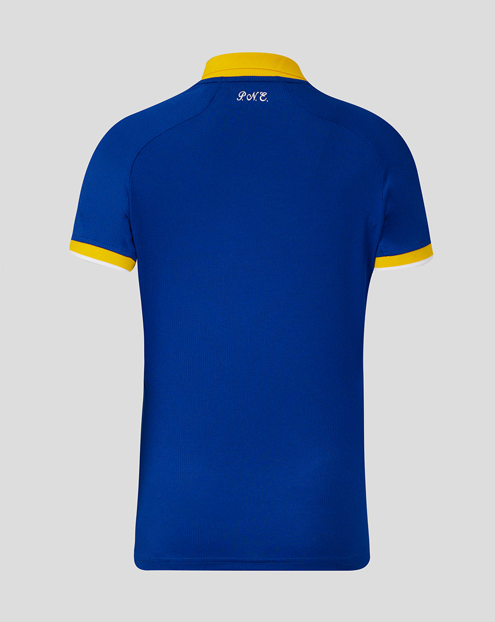 Blue polo shirt with yellow accents on a gray background