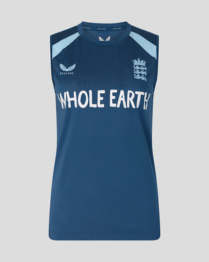 Blue sleeveless sports top with 'Whole Earth' text and logo on a gray background