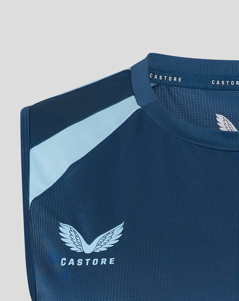 Blue athletic shirt with Castore logo on a light gray background