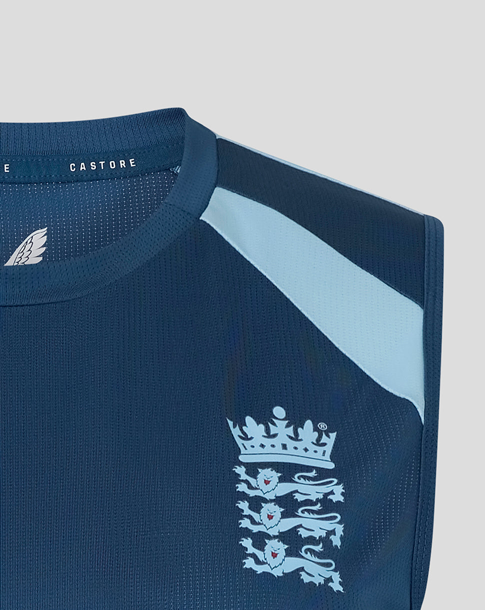 Navy sports jersey with white logo on a light gray background