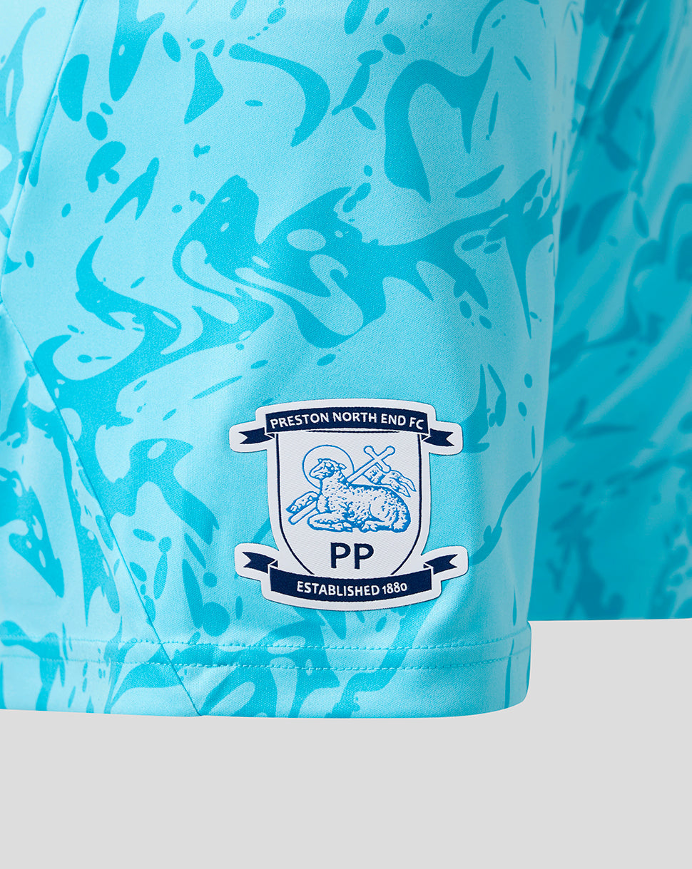 Blue sports shorts with a Preston North End FC logo on a light blue background
