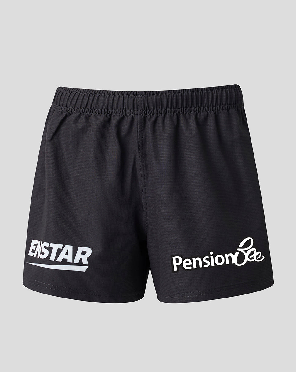 Black athletic shorts with an elastic waistband, featuring the white 'ENSTAR' logo on the left leg and 'Pension Bee' on the right leg, shown against a light gray background.
