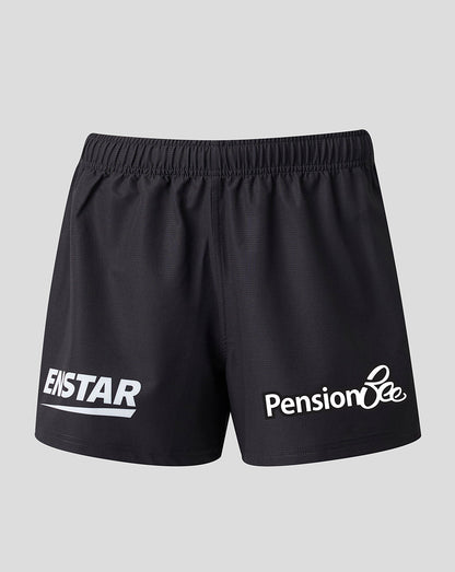 Black athletic shorts with an elastic waistband, featuring the white 'ENSTAR' logo on the left leg and 'Pension Bee' on the right leg, shown against a light gray background.