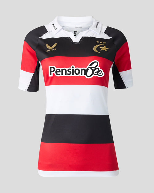 A short-sleeve rugby jersey with horizontal red, black, and white stripes, featuring a white collar, the 'Pension Bee' sponsor logo on the chest, and gold team crests on the shoulders, shown against a solid gray background.