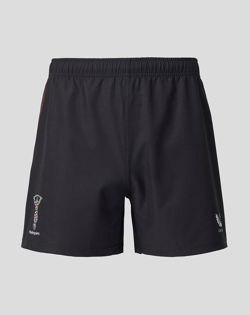 Front view of black Harlequins 2026/27 Home Pro shorts with a brown side panel and Harlequins logo at the lower left hem