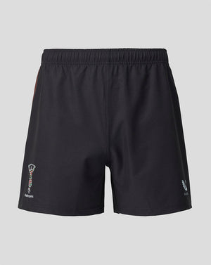 Front view of black Harlequins 2026/27 Home Pro shorts with a brown side panel and Harlequins logo at the lower left hem