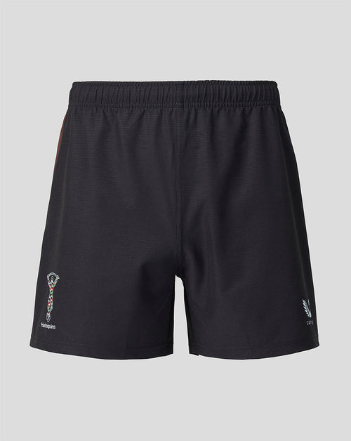 Front view of black Harlequins 2026/27 Home Pro shorts with a brown side panel and Harlequins logo at the lower left hem
