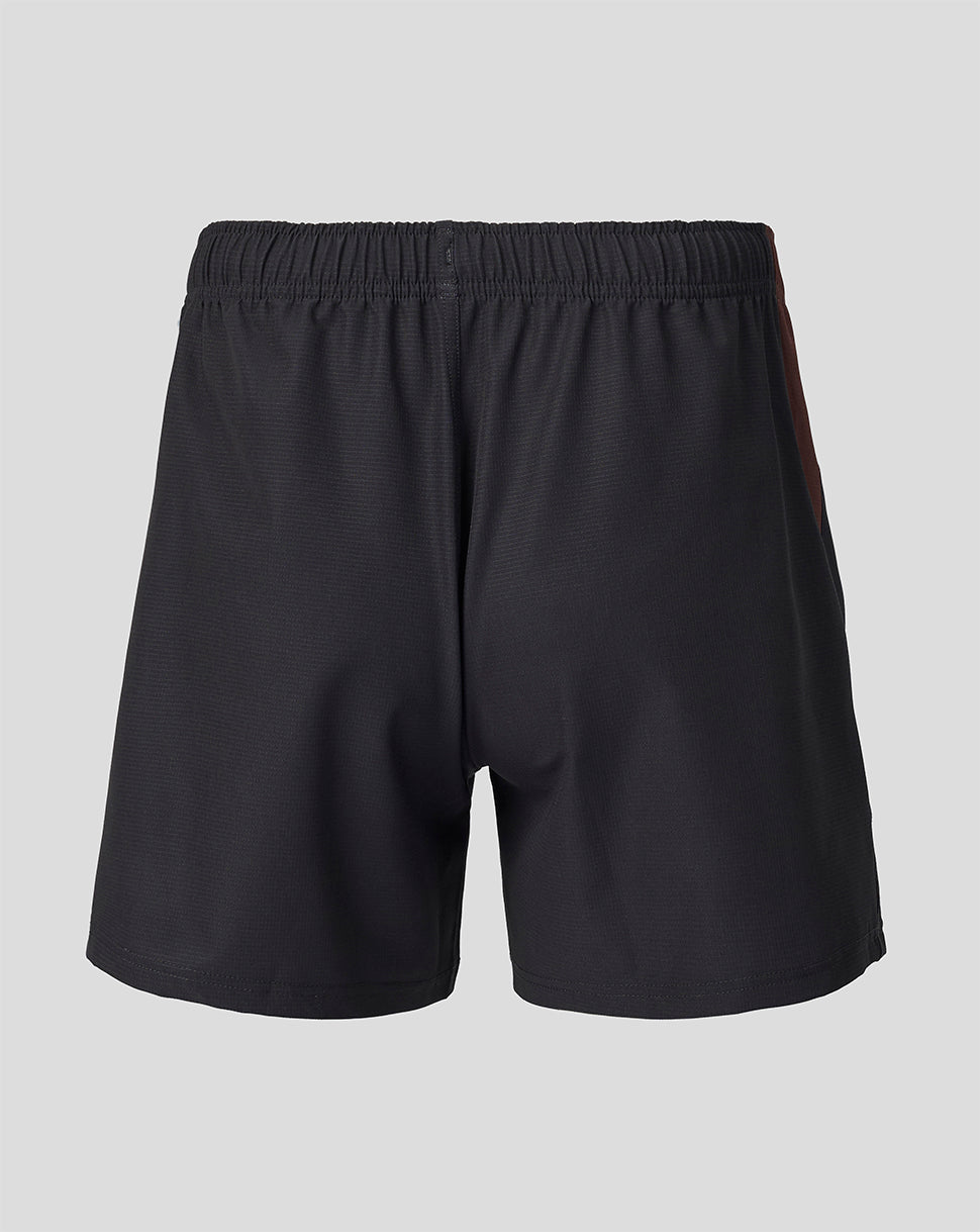 Back view of black Harlequins 2026/27 Home Pro shorts with a brown side panel and elastic waistband