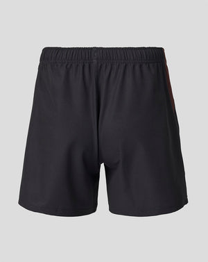 Back view of black Harlequins 2026/27 Home Pro shorts with a brown side panel and elastic waistband