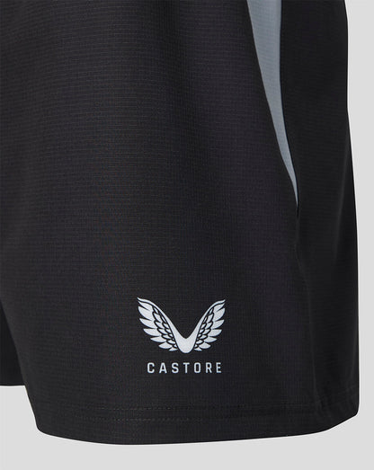 Close up of black Harlequins women's 2026/27 Home Pro Shorts fabric with Castore logo at hem.