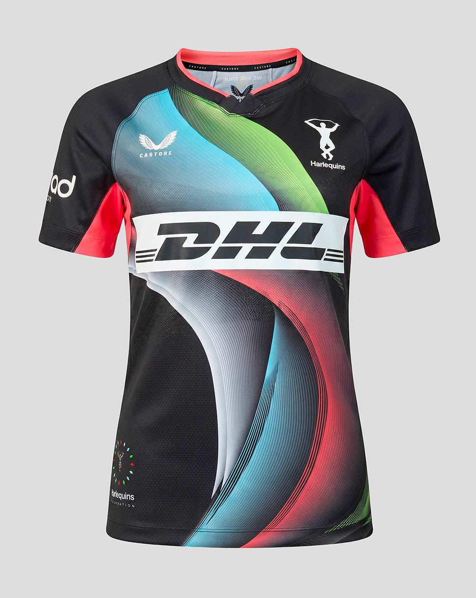 A short-sleeve athletic jersey with a black base and vibrant abstract wave patterns in blue, green, and pink. The jersey features a large white 'DHL' logo across the chest, a 'Castore' logo on the right chest, and a 'Hamburgs' team logo on the left chest, set against a solid light gray background.