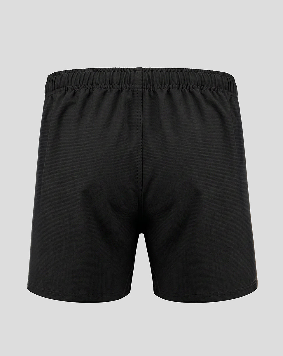 Black athletic shorts with an elastic waistband, shown from the back on a light gray background.