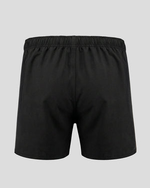 Black athletic shorts with an elastic waistband, shown from the back on a light gray background.