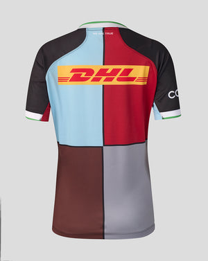A short-sleeve athletic jersey shown from the back, featuring a color-blocked design with black, light blue, red, brown, and gray panels, and a large yellow DHL logo across the upper back.