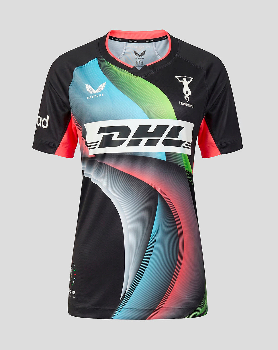 A short-sleeve athletic jersey with a black base and a vibrant abstract graphic in light blue, green, red, and gray. The jersey features a large white 'DHL' logo across the chest, a white 'Velozi' wing logo on the right chest, and a white 'Harlequins' logo on the left chest, set against a solid gray background.