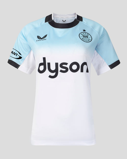 A short-sleeve rugby jersey from Bath Rugby, featuring a white and light blue color-blocked design with black trim, a black Dyson sponsor logo, and the club crest on the chest