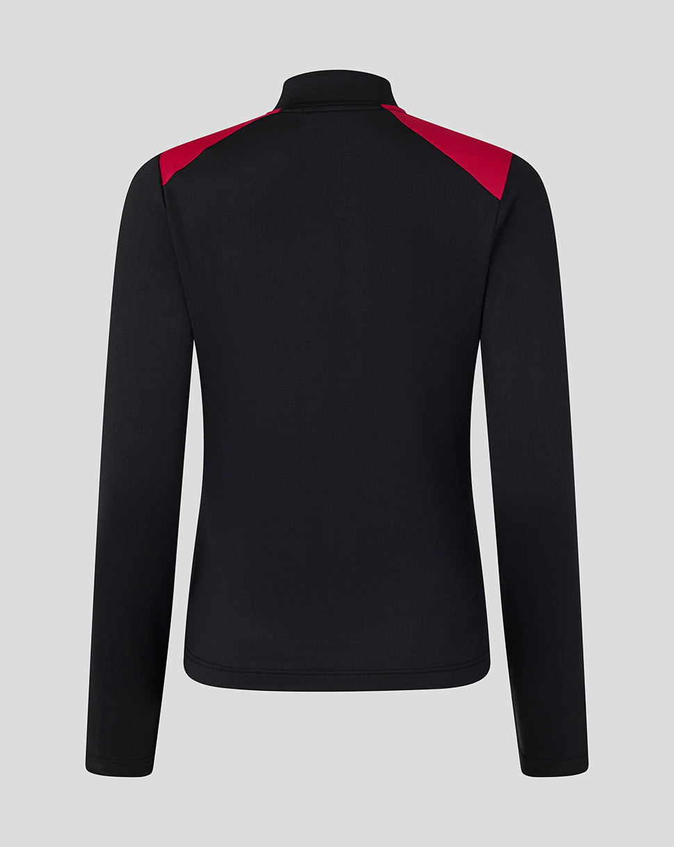 Back view of a black England Rugby training midlayer top with red shoulder panels
