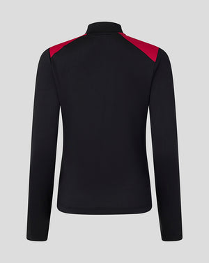 Back view of a black England Rugby training midlayer top with red shoulder panels