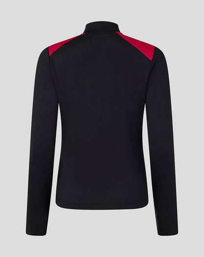 Back view of a black England Rugby training midlayer top with red shoulder panels